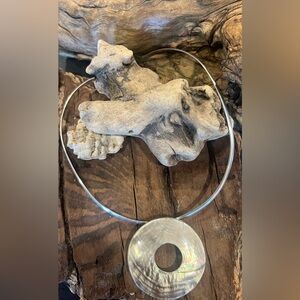 Artisan Sterling Silver Choker Torque Necklace Smoky Abalone MOP Round Disk 16”
